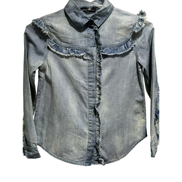 Generation Love Ruffle Fray Long Sleeve Button Up Denim Blouse Shirt Sz S - Picture 1 of 4